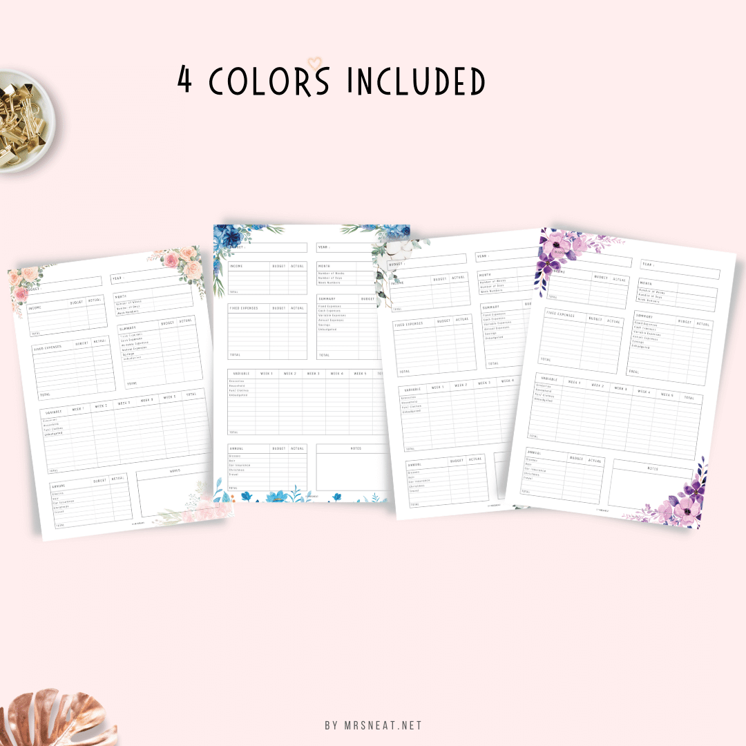 Fillable Budget Sheet Printable Planner, Budget Template, Paycheck Budget, Paycheck Tracker, Bi Weekly Budget, Weekly Budget, 4 Colors, 3 versions, A4, Digital Planner, Printable Planner, 13 Pages, Floral Theme