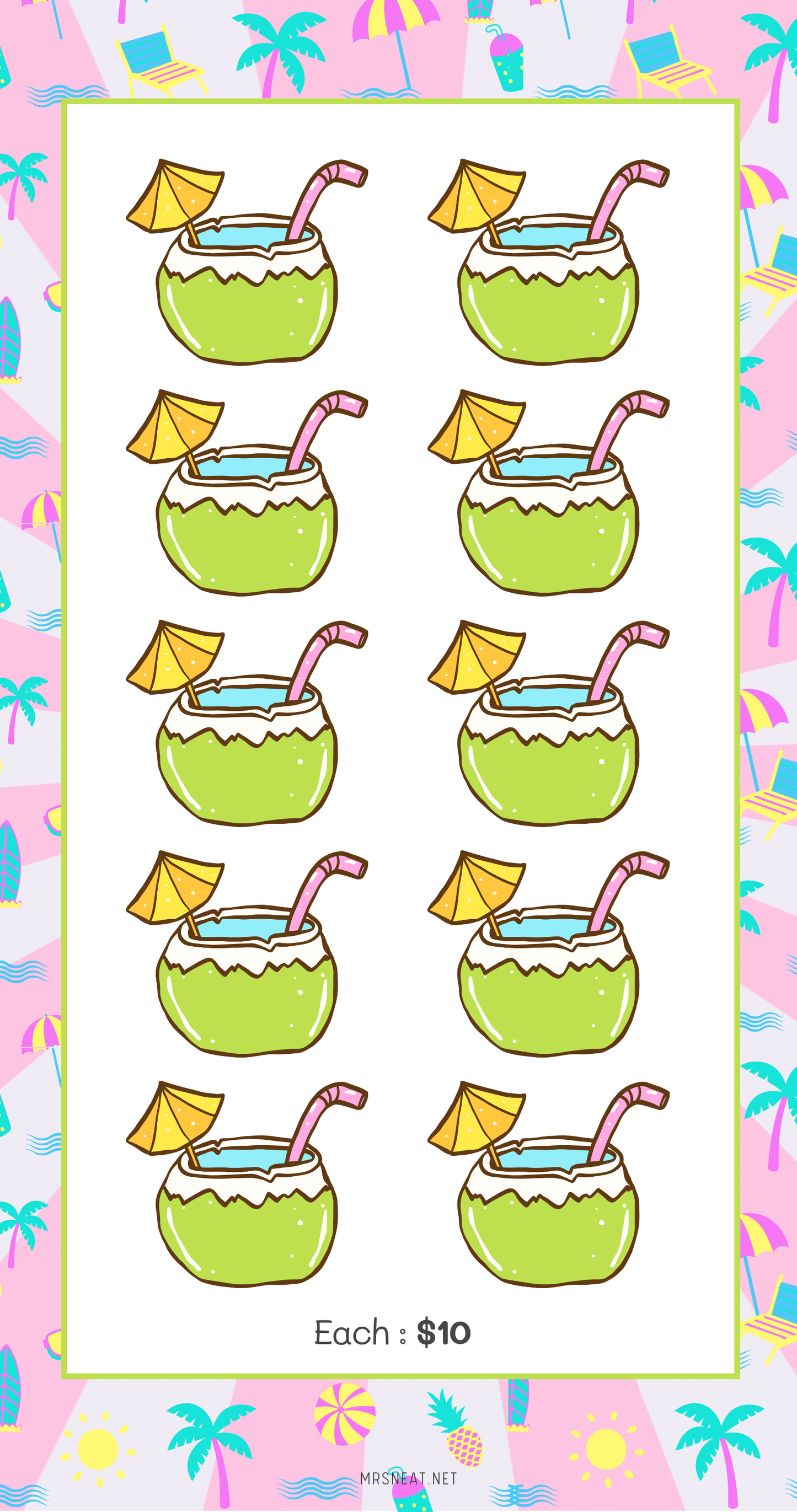 Sticker sheet with coconut drinks and straws on a colorful background