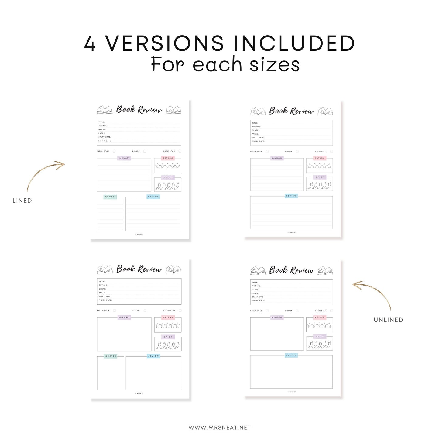Book Review Template PRINTABLE, Book Review Journal, Book Review Page, Reading Journal Page, 4 Versions, A4, A5, Letter, Half Letter, PDF
