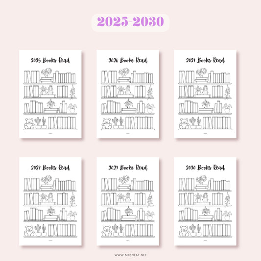 Set of six bookshelf-themed reading trackers for 2025 to 2030 on a light pink background.