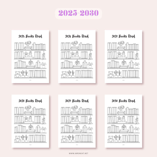 Set of six bookshelf-themed reading trackers for 2025 to 2030 on a light pink background.