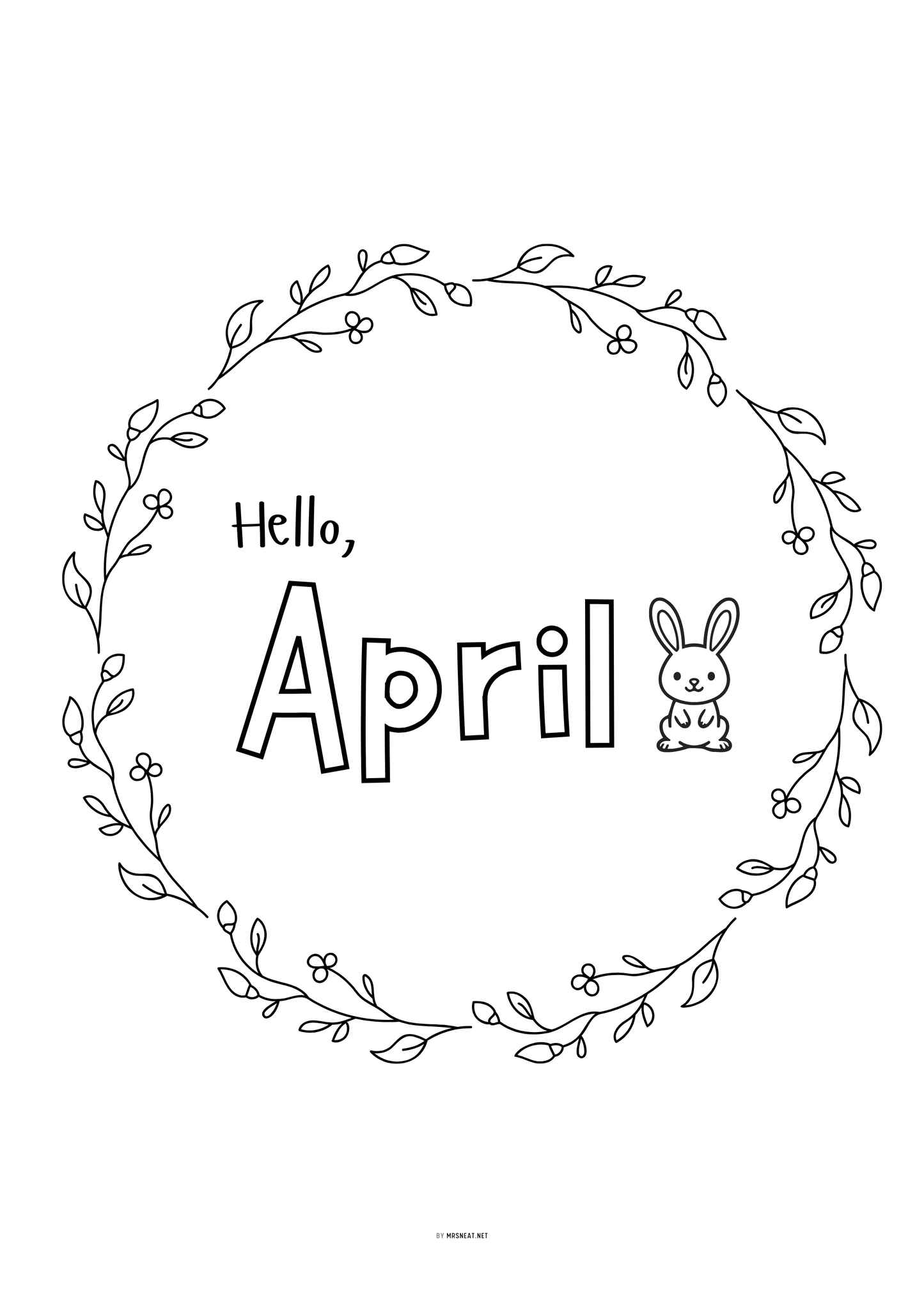 Black and white 'Hello, April' design with a bunny and floral wreath on a white background