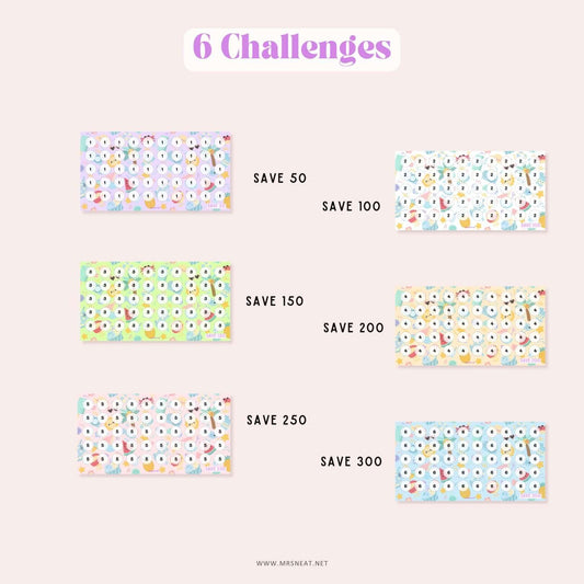 Cute 6 Summer Mini Savings Challenge Crab Theme for Low Income Savings A6 size, Save 50, Save 100, Save 150, Save 200, Save, 250, Save 300