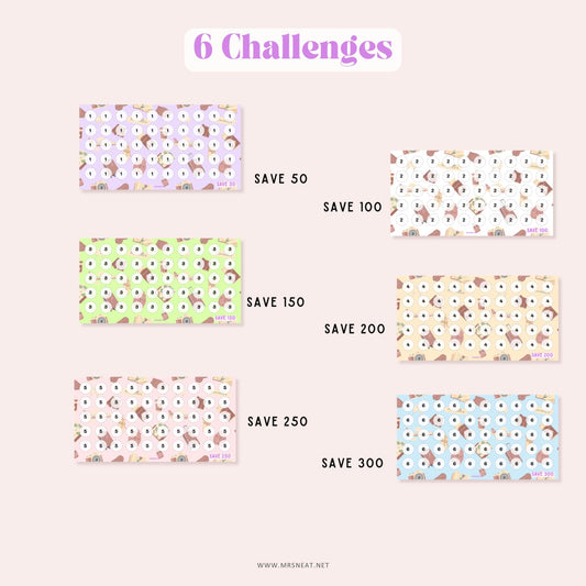 set of six summer vacation savings challenges printable A6, Colorful, Purple, Green, Pink, Blue, Cream & White in pastel color to save 50, 100, 150, 200, 250 and 300