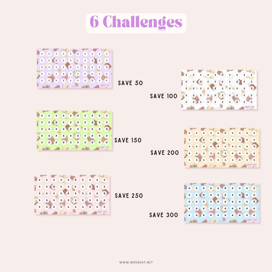 set of six summer vacation savings challenges printable A6, Colorful, Purple, Green, Pink, Blue, Cream & White in pastel color to save 50, 100, 150, 200, 250 and 300