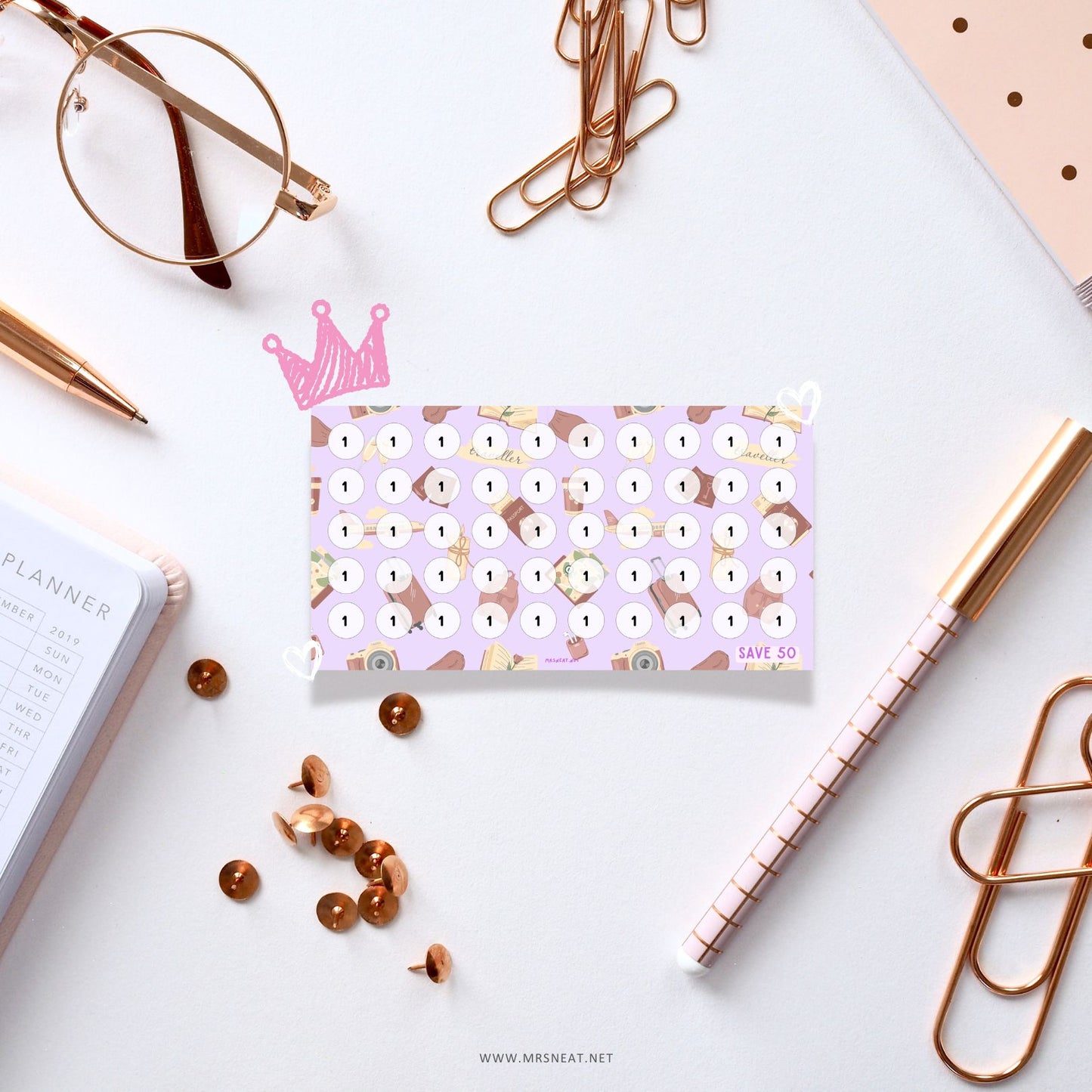 Kawaii purple A6 summer vacation mini savings challenges to save 50
