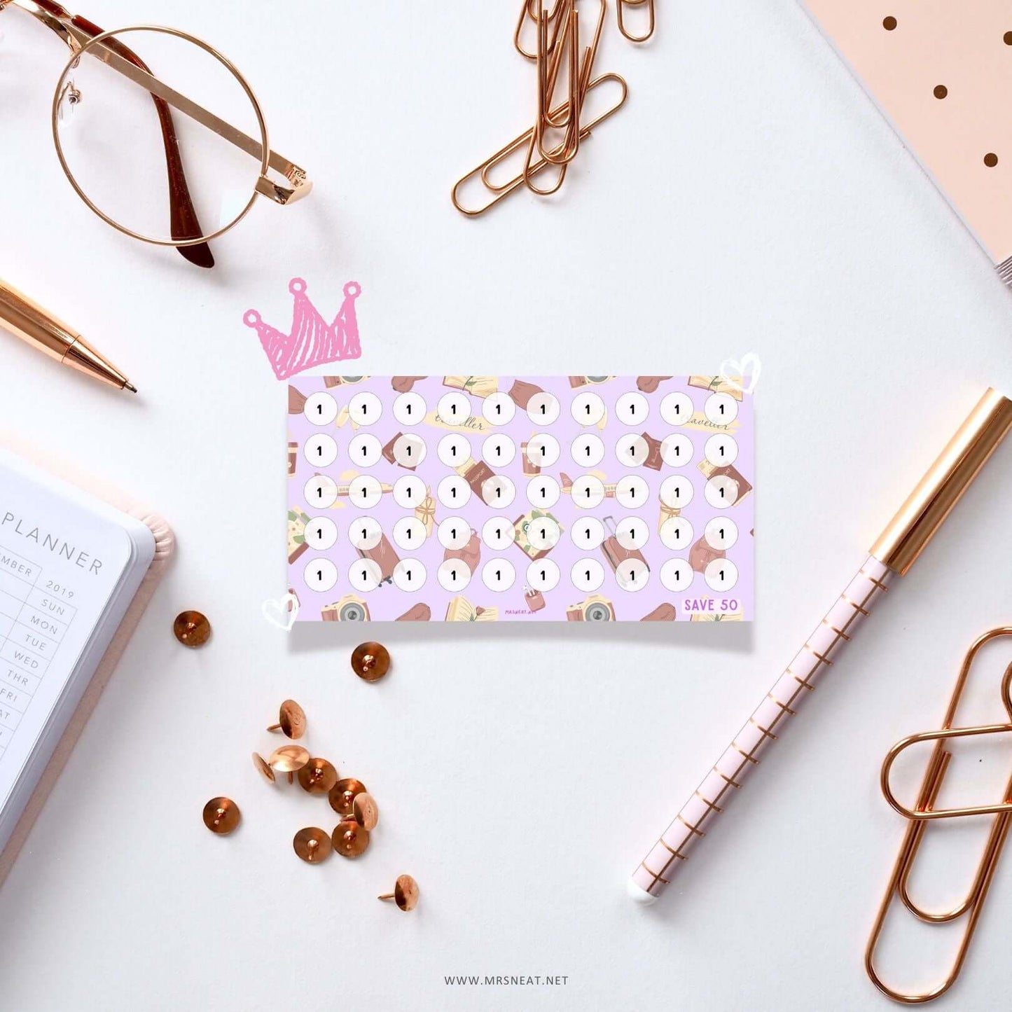 Kawaii purple A6 summer vacation mini savings challenges to save 50