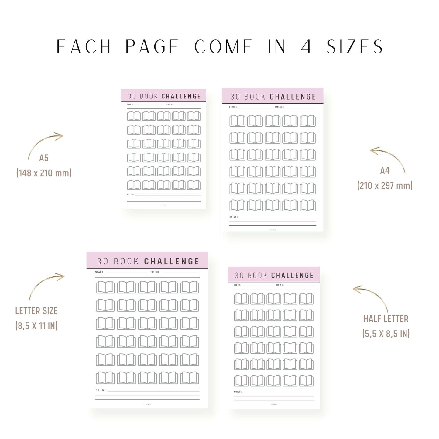 A4, A5, Letter, Half Letter 30 Book Challenge Template