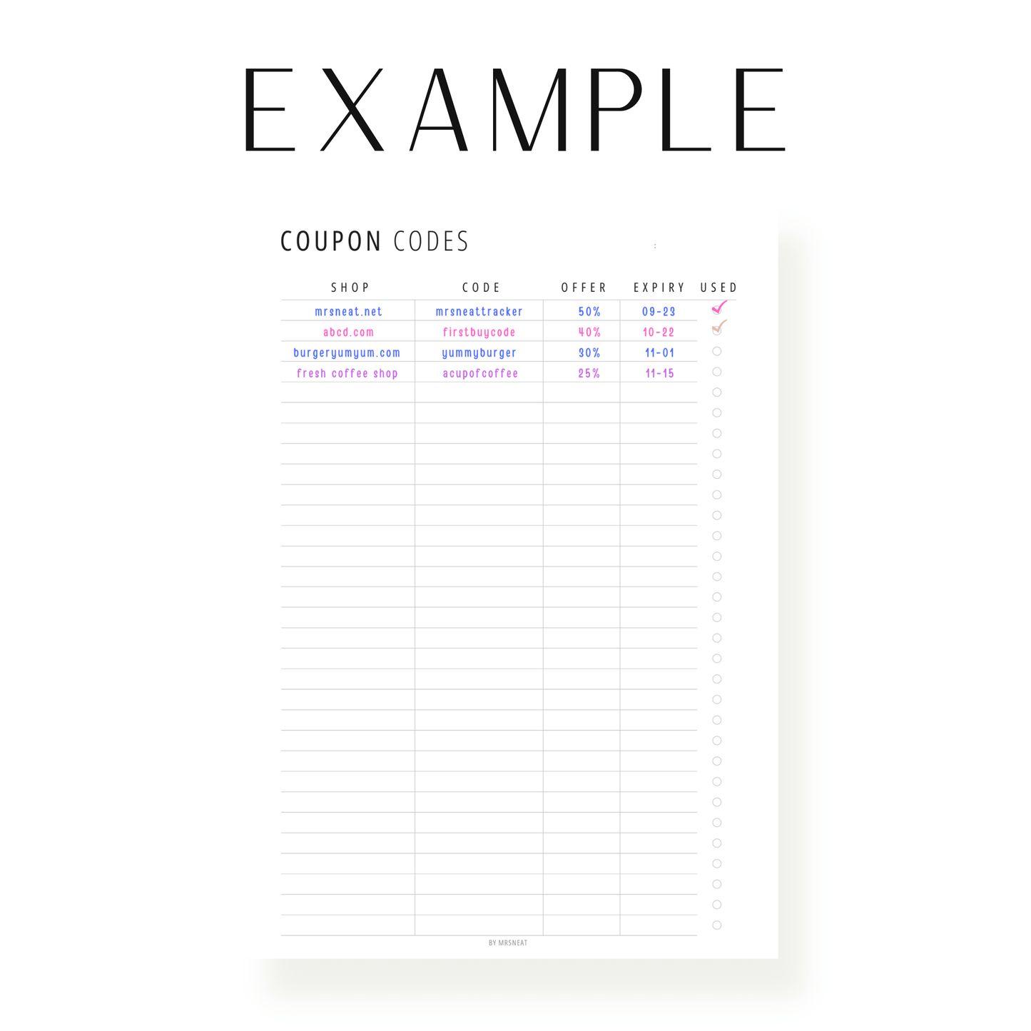 Coupon Code Tracker Printable