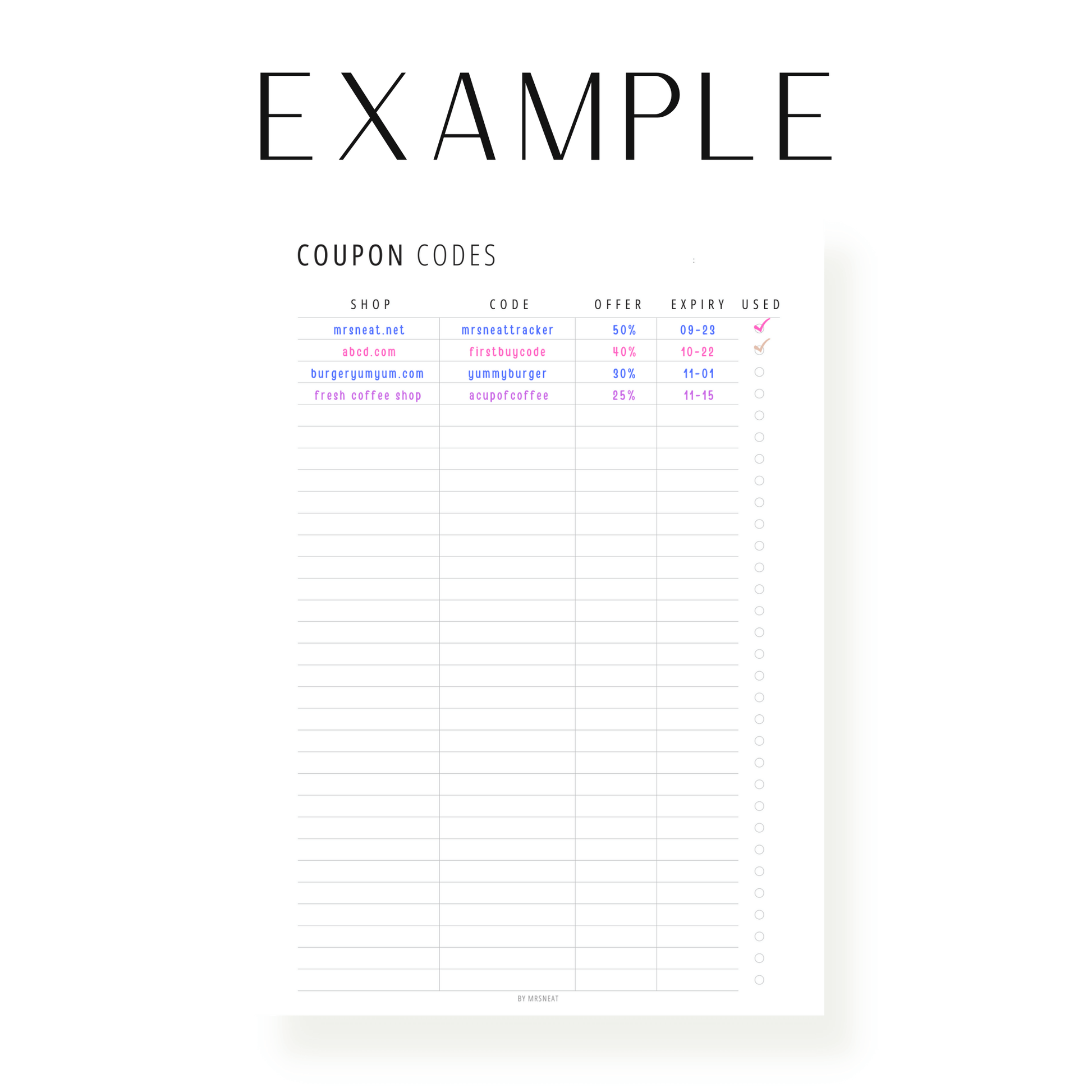 Coupon Code Tracker Printable