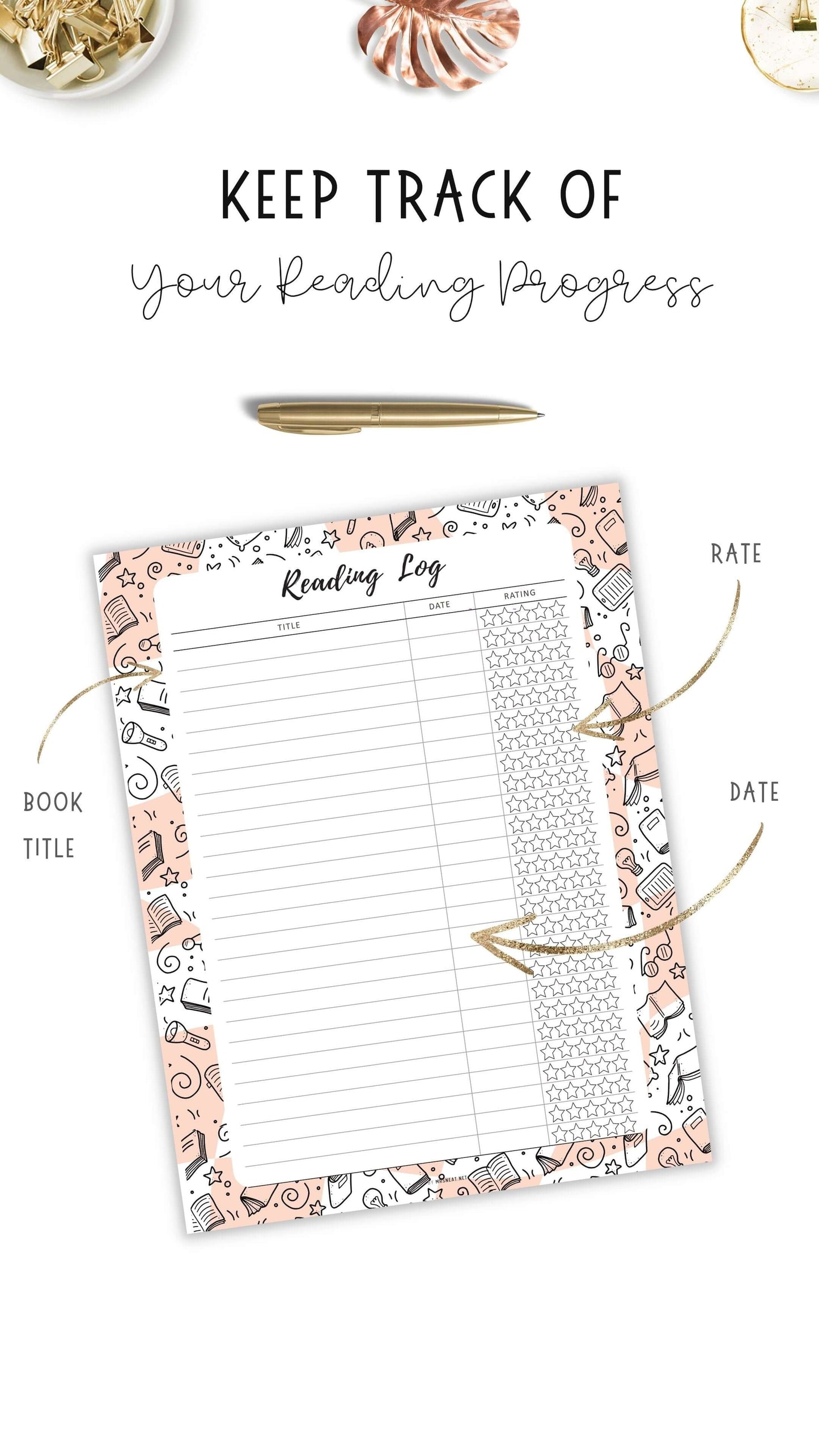 Reading Log Template Printable, 5 colors ; Peach, Green, Blue, Pink, Neutral, 4 sizes ; A4, A5, Letter, Half Letter, Digital Planner