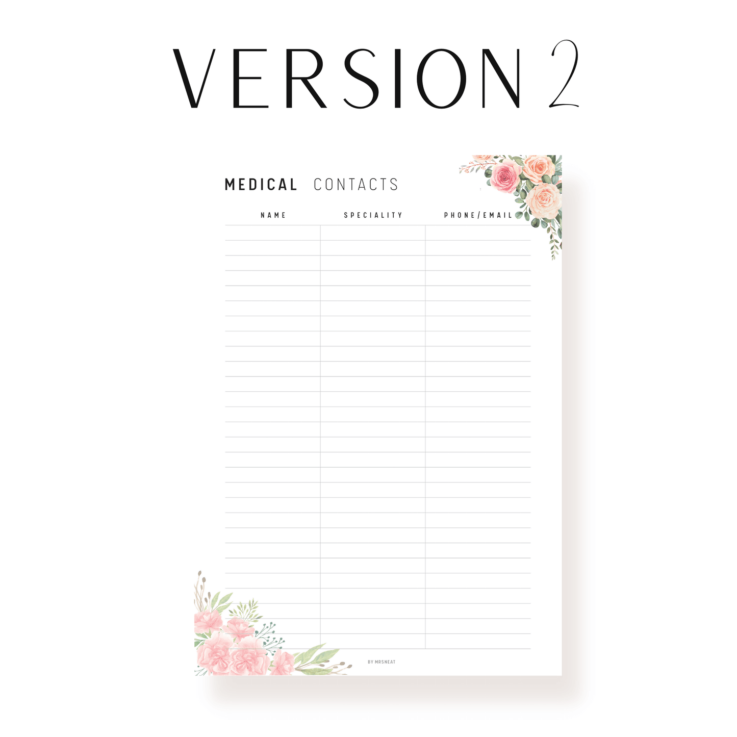 Floral Medical Contact List Printable