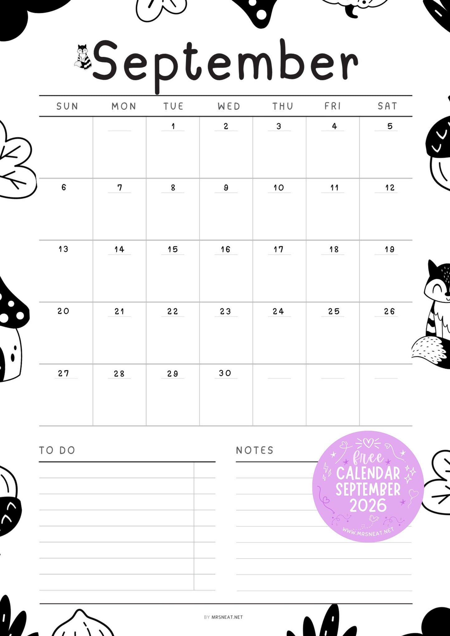 Cute black and white September 2026 printable calendar with space for notes