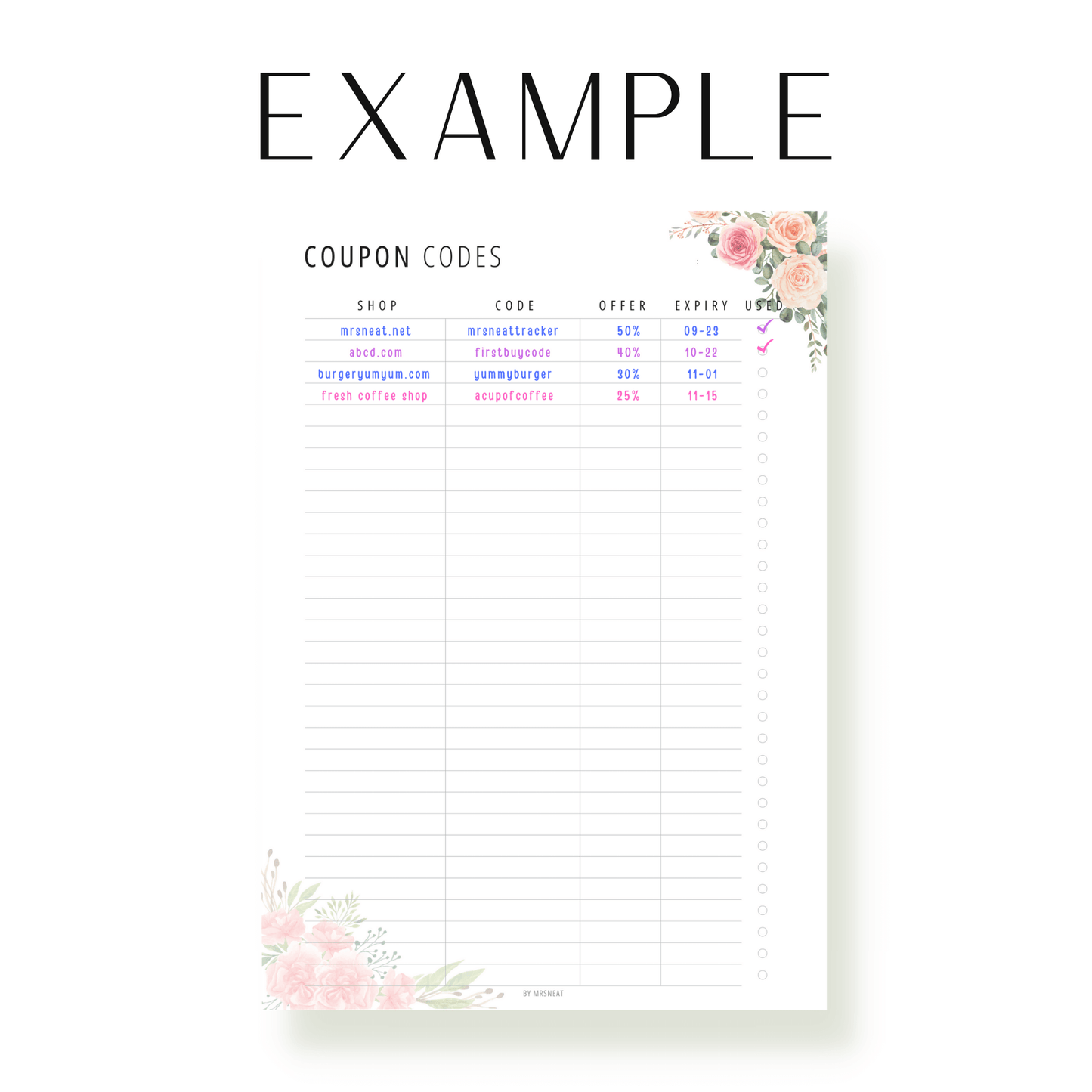 Floral Coupon Code Tracker Printable