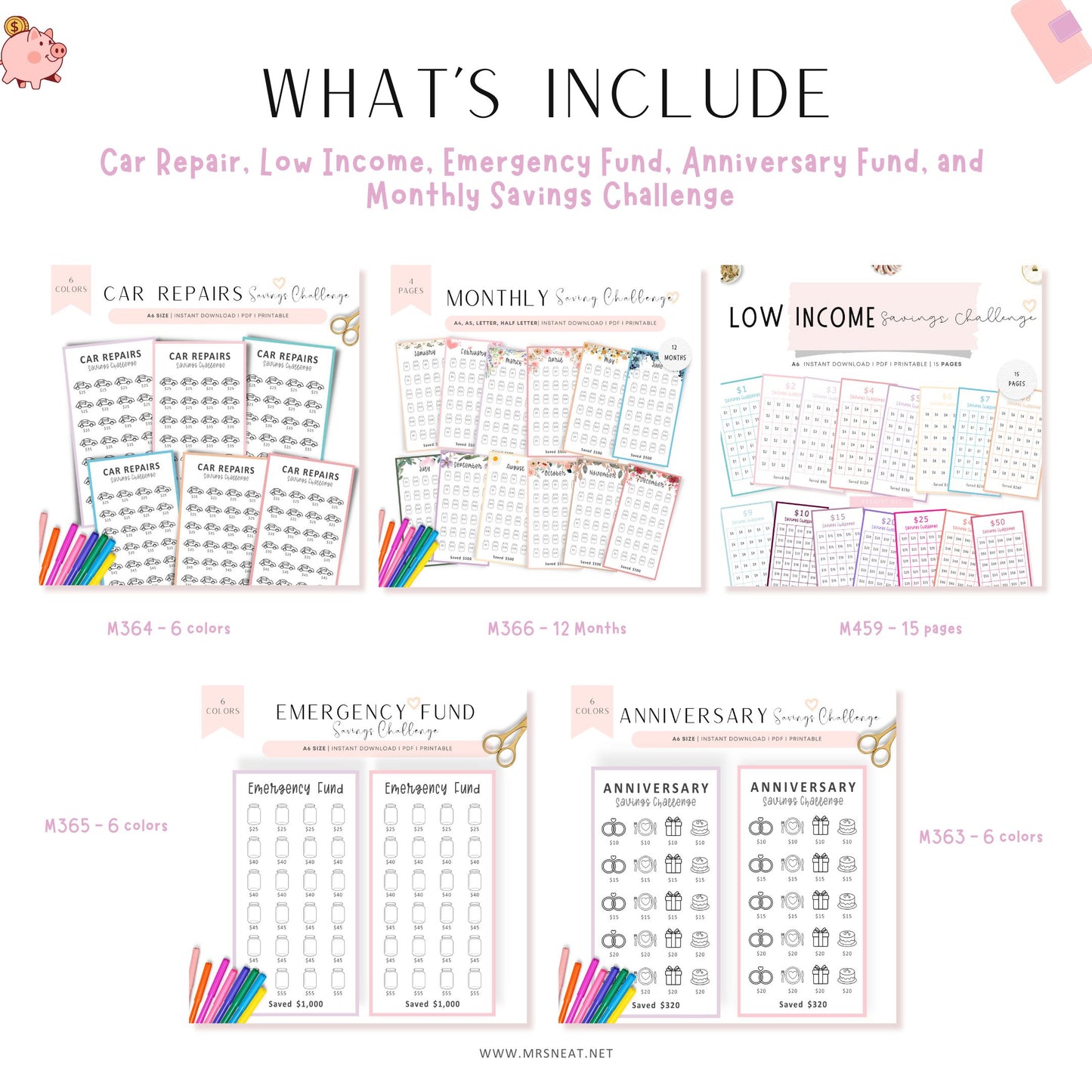 Collection of financial planning printables including car repair, emergency fund, low income savings, monthly savings challenge, and anniversary savings challenges on a white background.