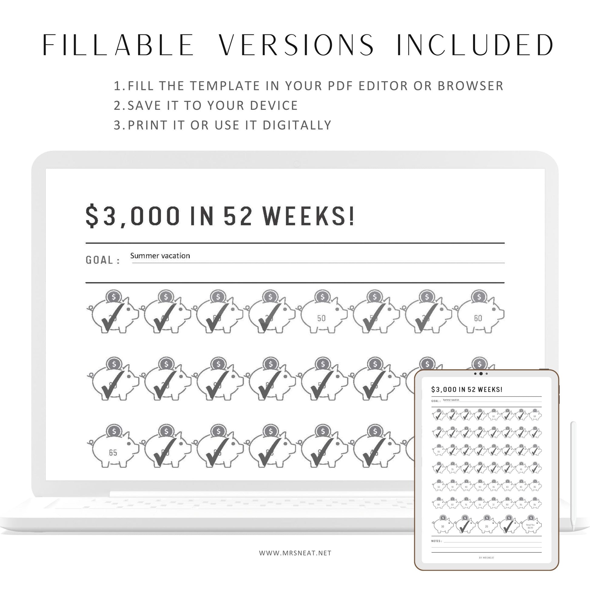 3,000 Money Saving Challenge Printable in 52 Weeks, Piggy Bank Template, Fillable Saving Tracker Page, PDF, A4, A5, Letter, Half Letter