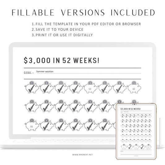 3,000 Money Saving Challenge Printable in 52 Weeks, Piggy Bank Template, Fillable Saving Tracker Page, PDF, A4, A5, Letter, Half Letter