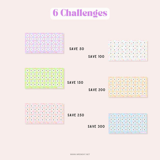 set of six tiny mini summer savings challenge for low income budget tracker with savings goals : Save 50, 100, 150, 200, 250 and 300