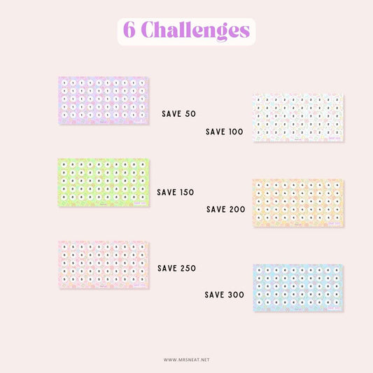 set of six tiny mini summer savings challenge for low income budget tracker with savings goals : Save 50, 100, 150, 200, 250 and 300