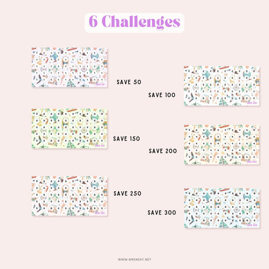 set of six colorful A6 Summer Beach Vacation Mini Savings Challenges to save 50, 100, 150, 200, 250 and 300, comes in 6 different color