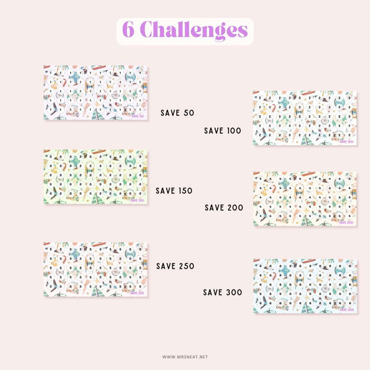 set of six colorful A6 Summer Beach Vacation Mini Savings Challenges to save 50, 100, 150, 200, 250 and 300, comes in 6 different color