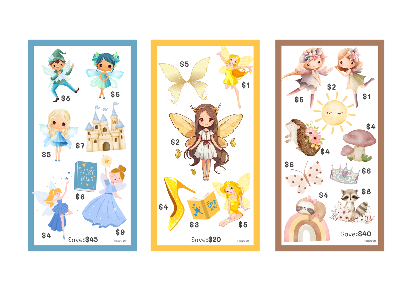 Three children's savings charts with fairies and related items on a white background