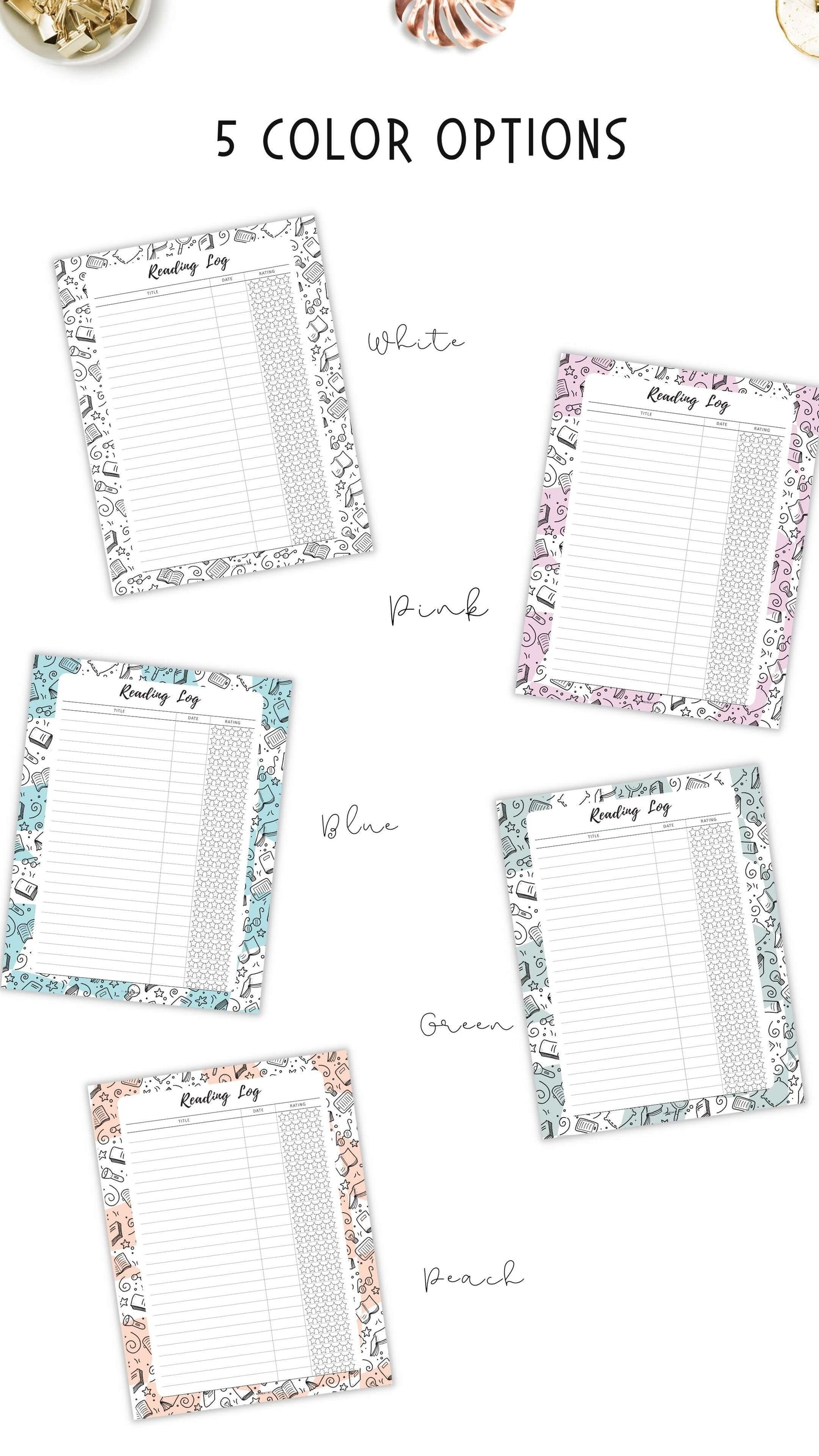 Reading Log Template Printable, 5 colors ; Peach, Green, Blue, Pink, Neutral, 4 sizes ; A4, A5, Letter, Half Letter, Digital Planner