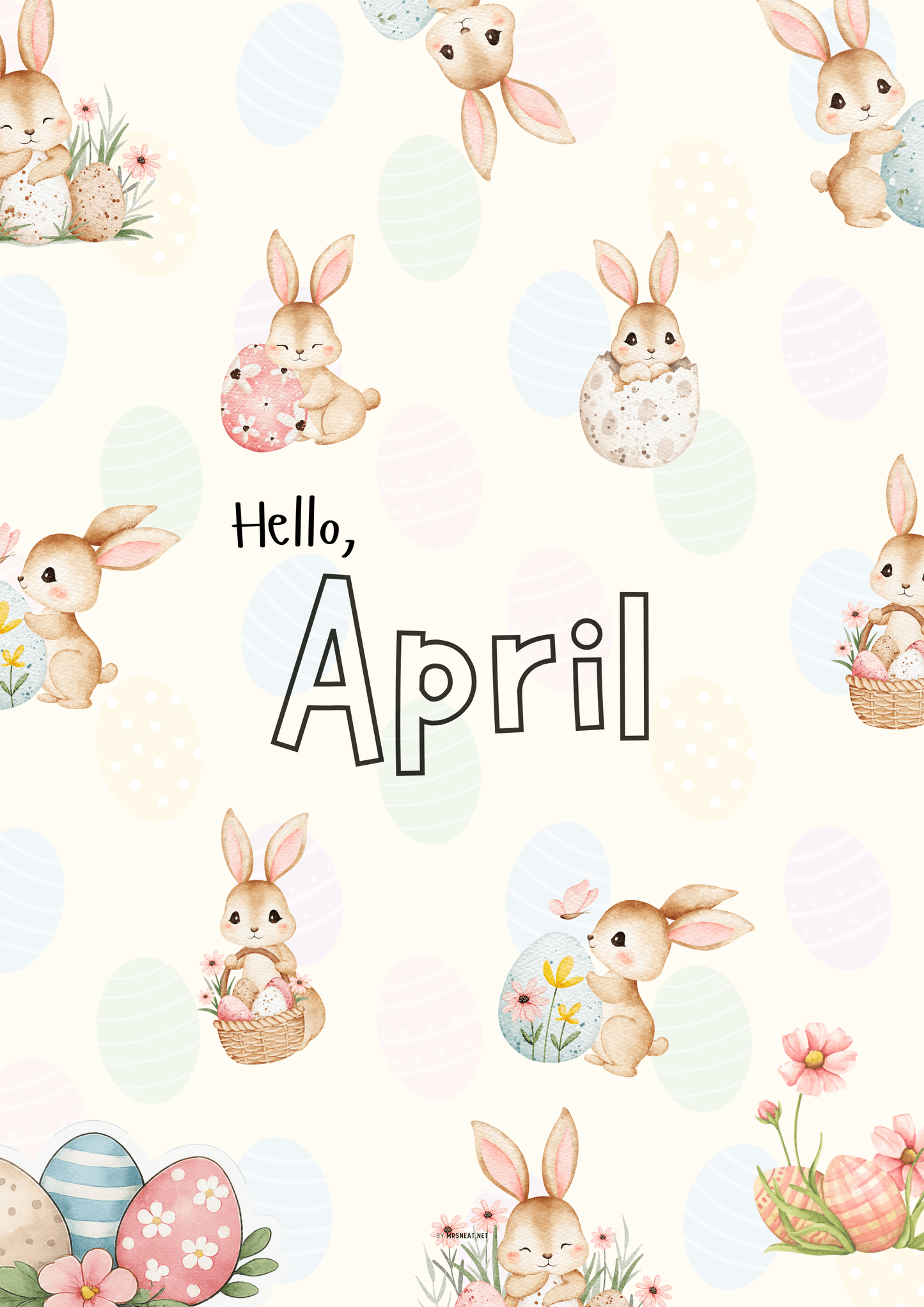 April calendar with cartoon bunnies and Easter eggs on a light background