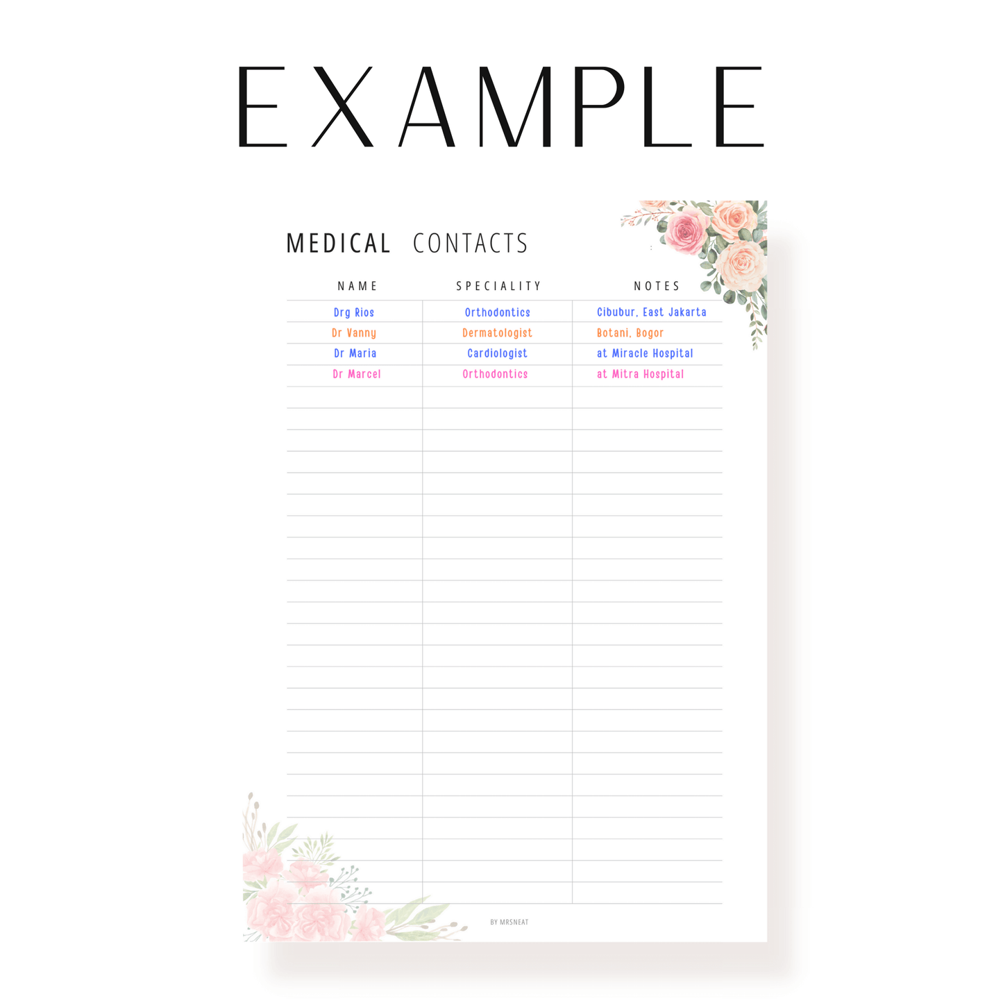 Floral Medical Contact List Printable
