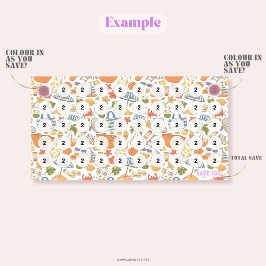 beautiful colorful savings challenge A6 size with summer themed for low income savings tracker, instant download