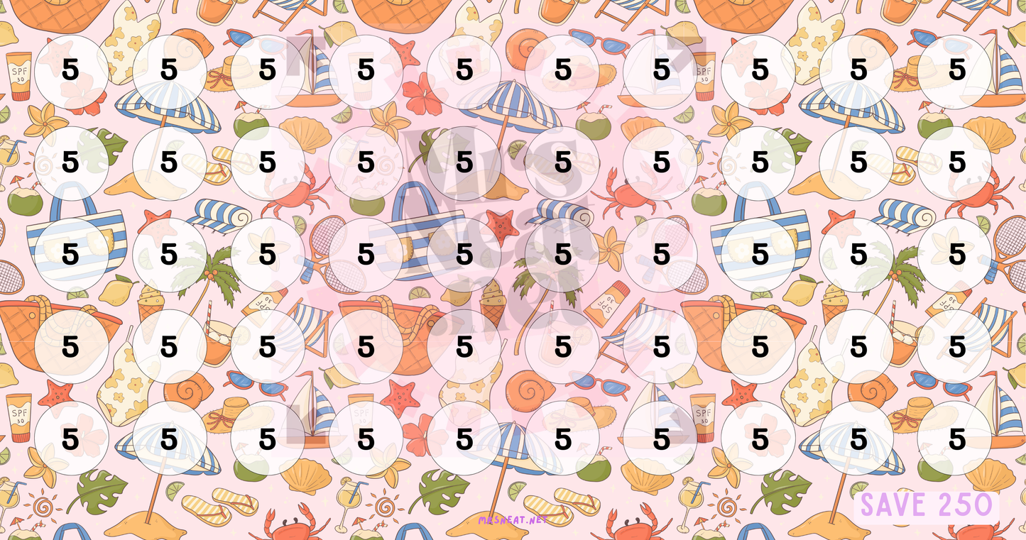 Beautiful pink savings challenge printable A6 size with summer themed for low income savings tracker to save 250, instant download