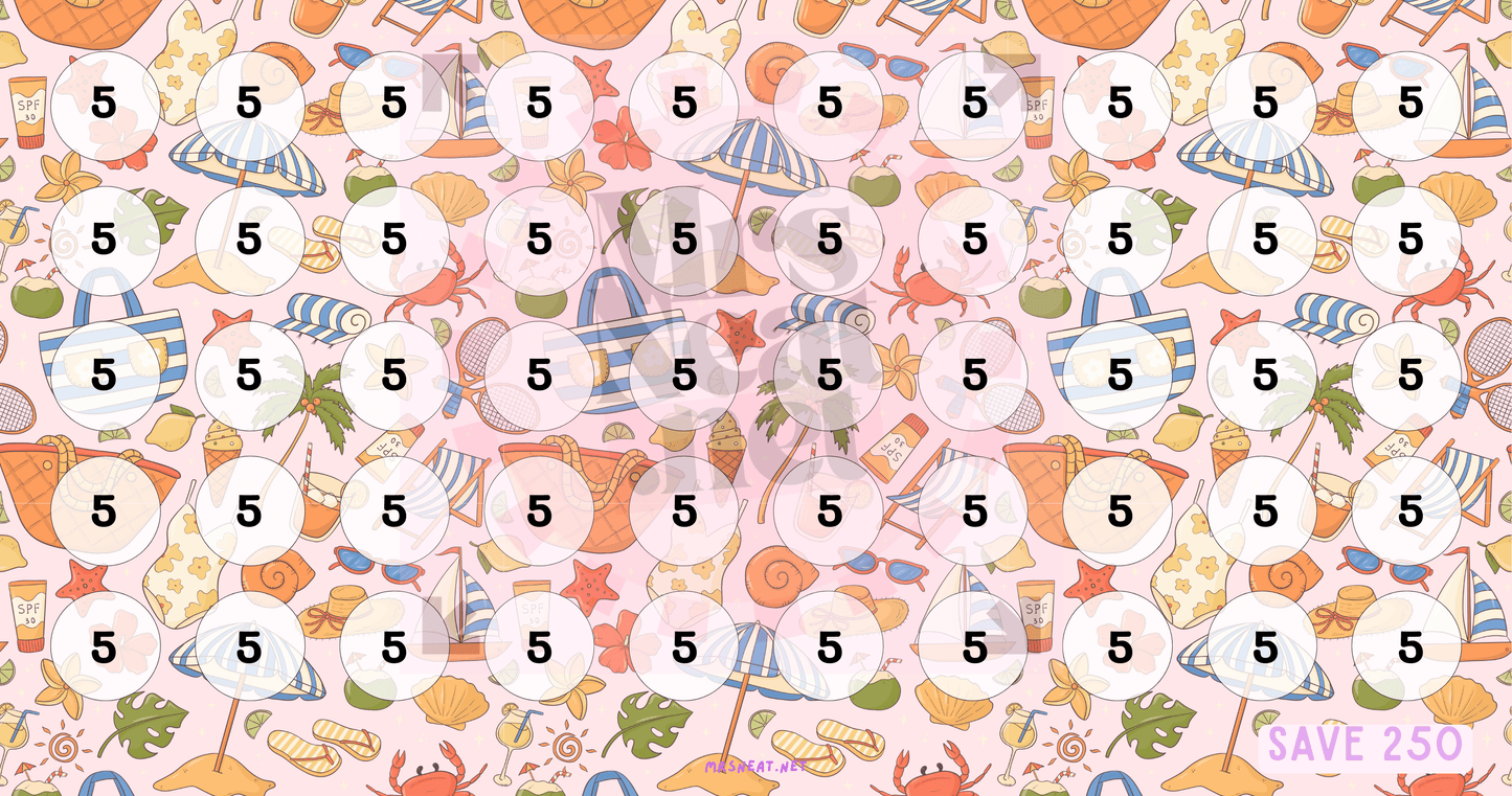 Beautiful pink savings challenge printable A6 size with summer themed for low income savings tracker to save 250, instant download
