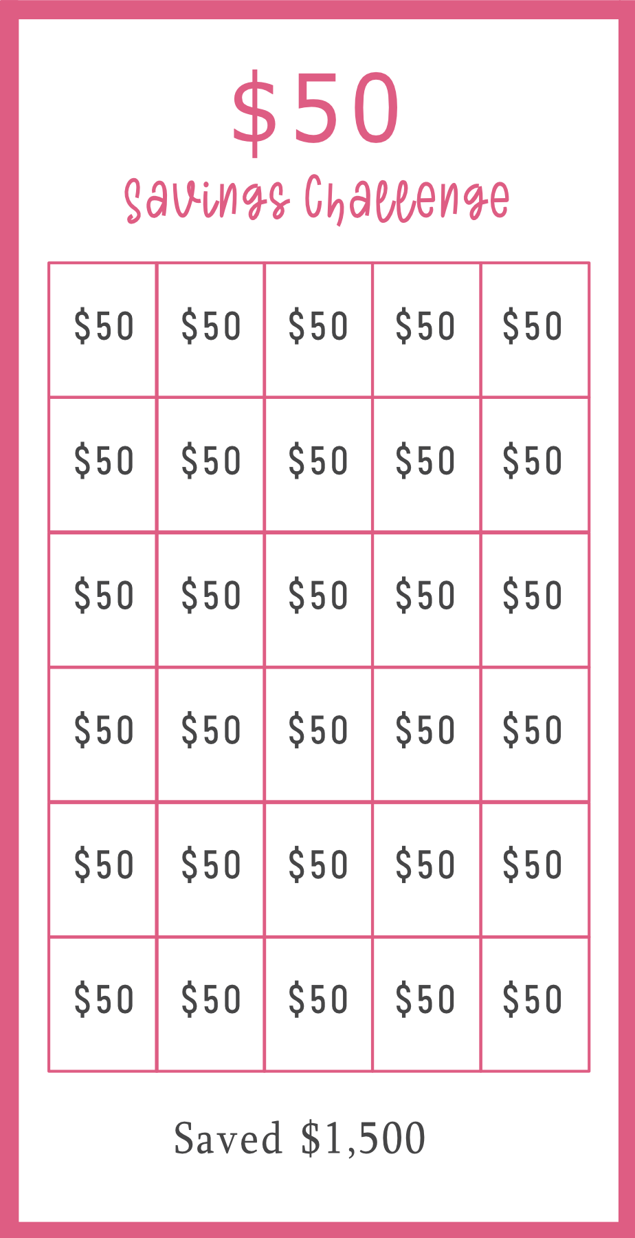Pink Fanta Savings challenge tracker with $50 increments and total savings displayed.
