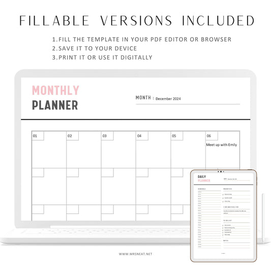 Fillable Planner Bundle Set, Daily Weekly Monthly Planner, To Do List, Notes, Basic Journal, Productivity Planner Set, Monthly Set Planner