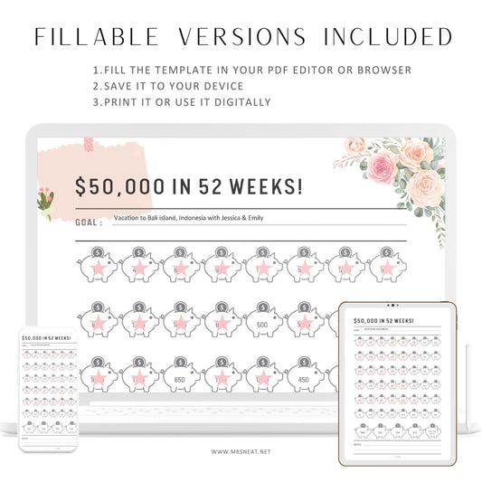 50000 money saving challenge, Save 50K in 52 weeks, Printable Saving Challenge, Pdf, A6 size, A4, A5, Letter, Half Letter