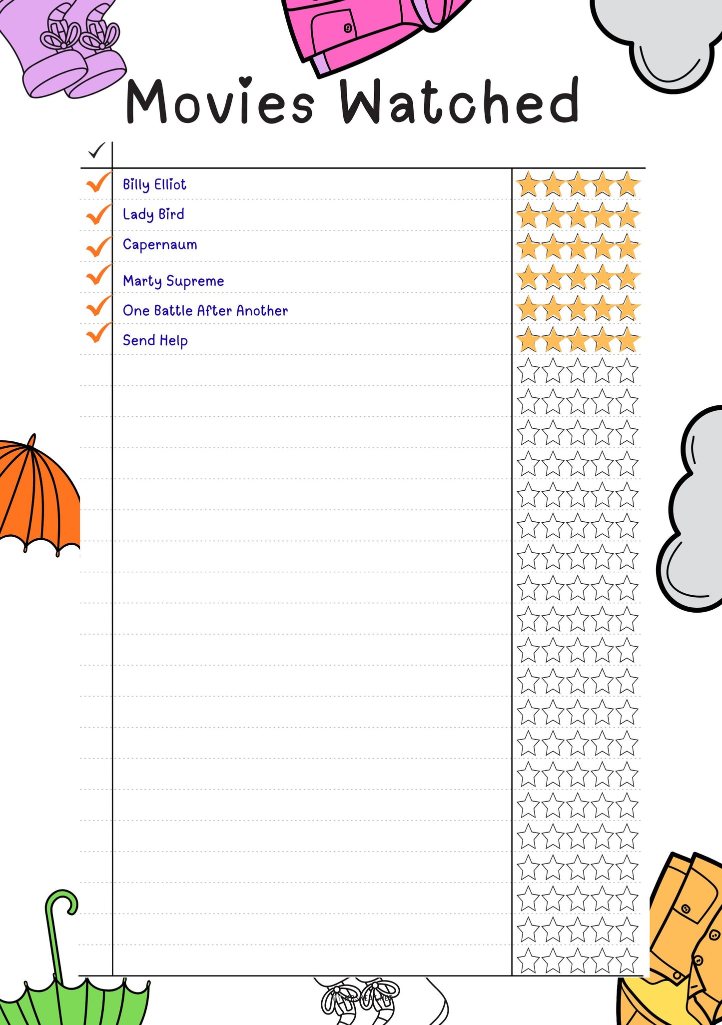 Movie watching tracker with a checklist and star rating system on a white background.