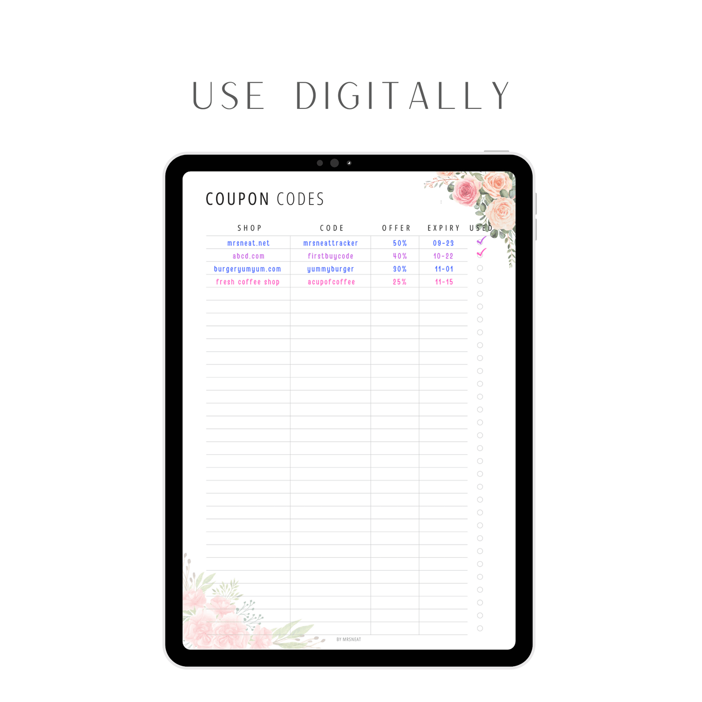 Floral Coupon Code Tracker Printable