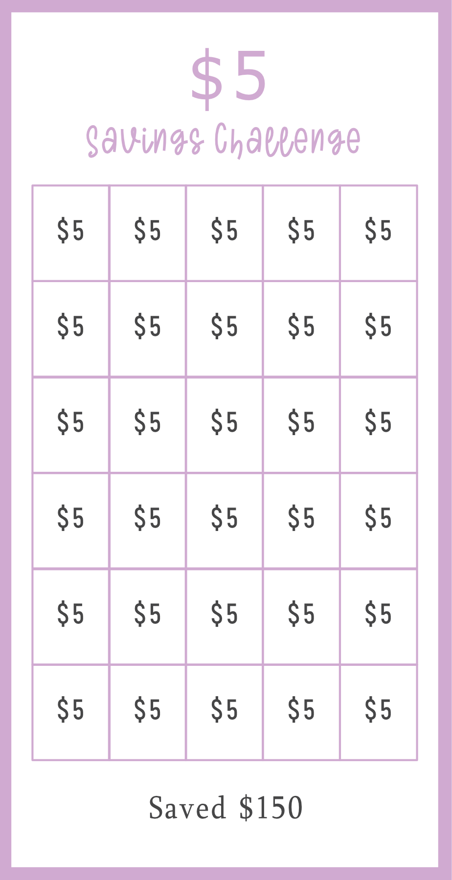 Purple Savings challenge chart with $5 increments on a purple background