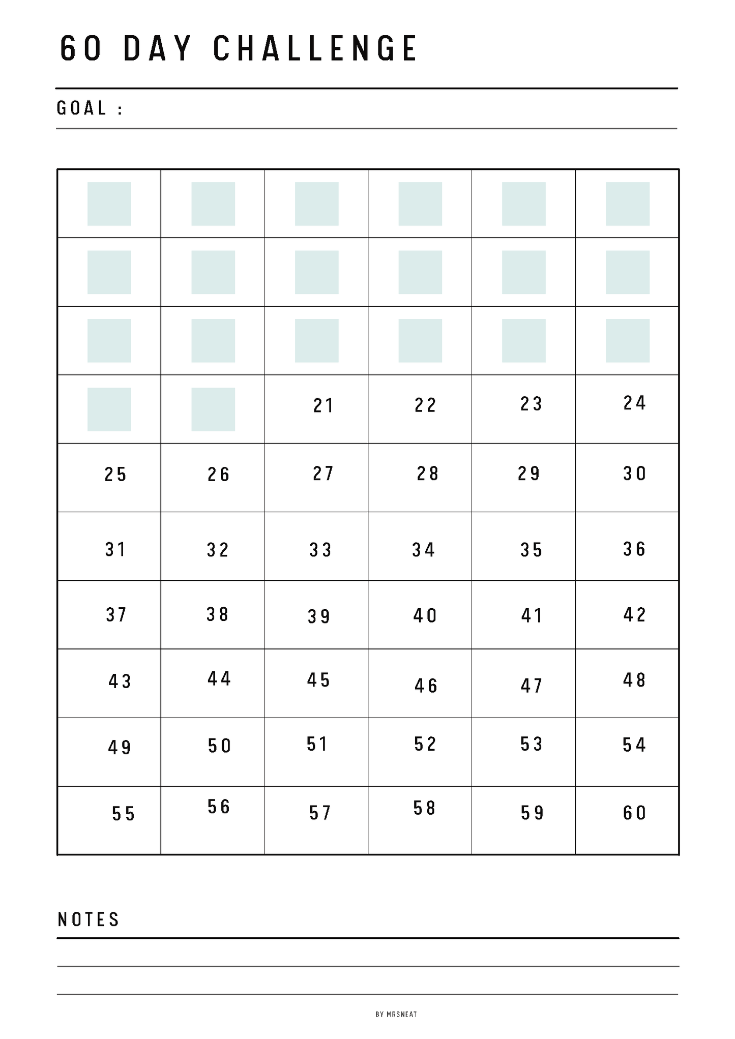 60-day challenge tracker with days 1-60 and space for notes.