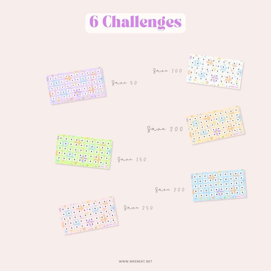 6 Cute Floral Savings Challenge for Budget Tracker in A6 size Save 50, Save 100, Save 150, Save 200, Save 250, Save 300