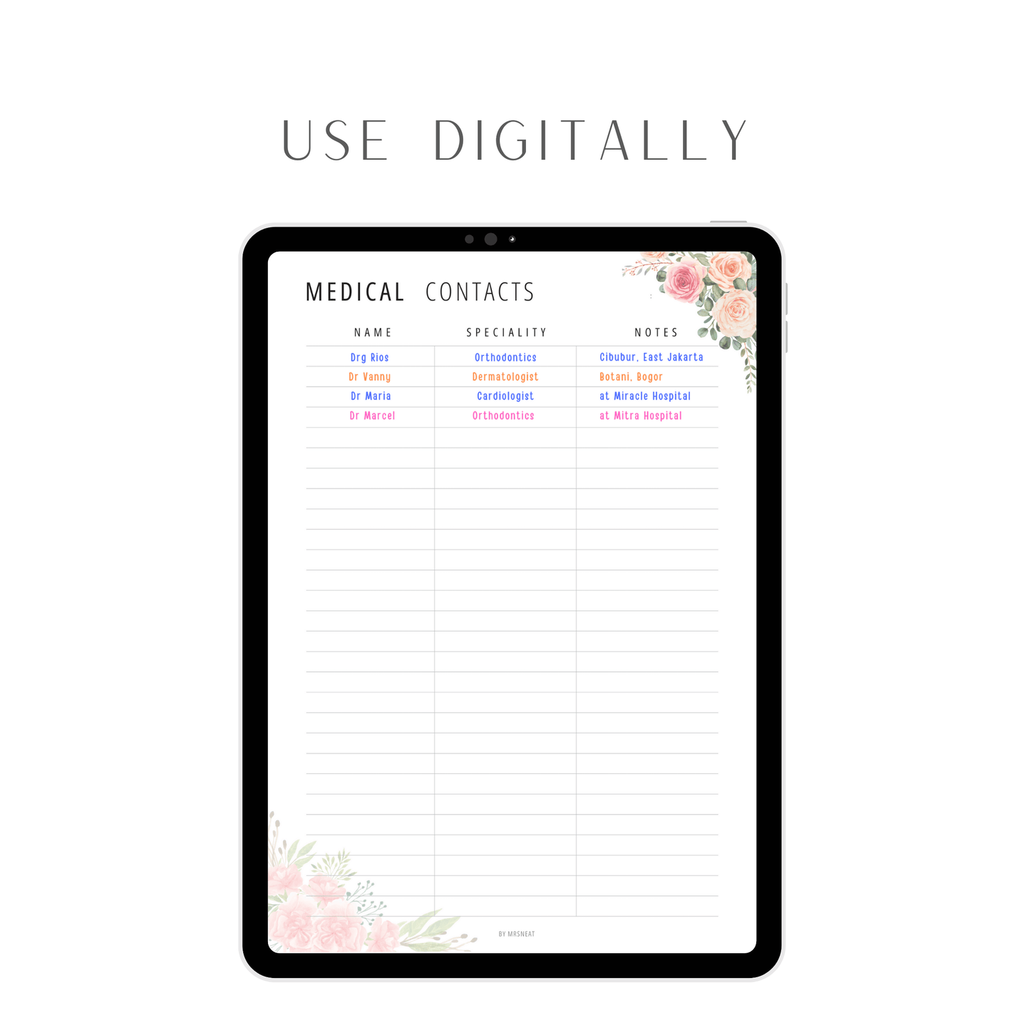 Floral Medical Contact List Printable