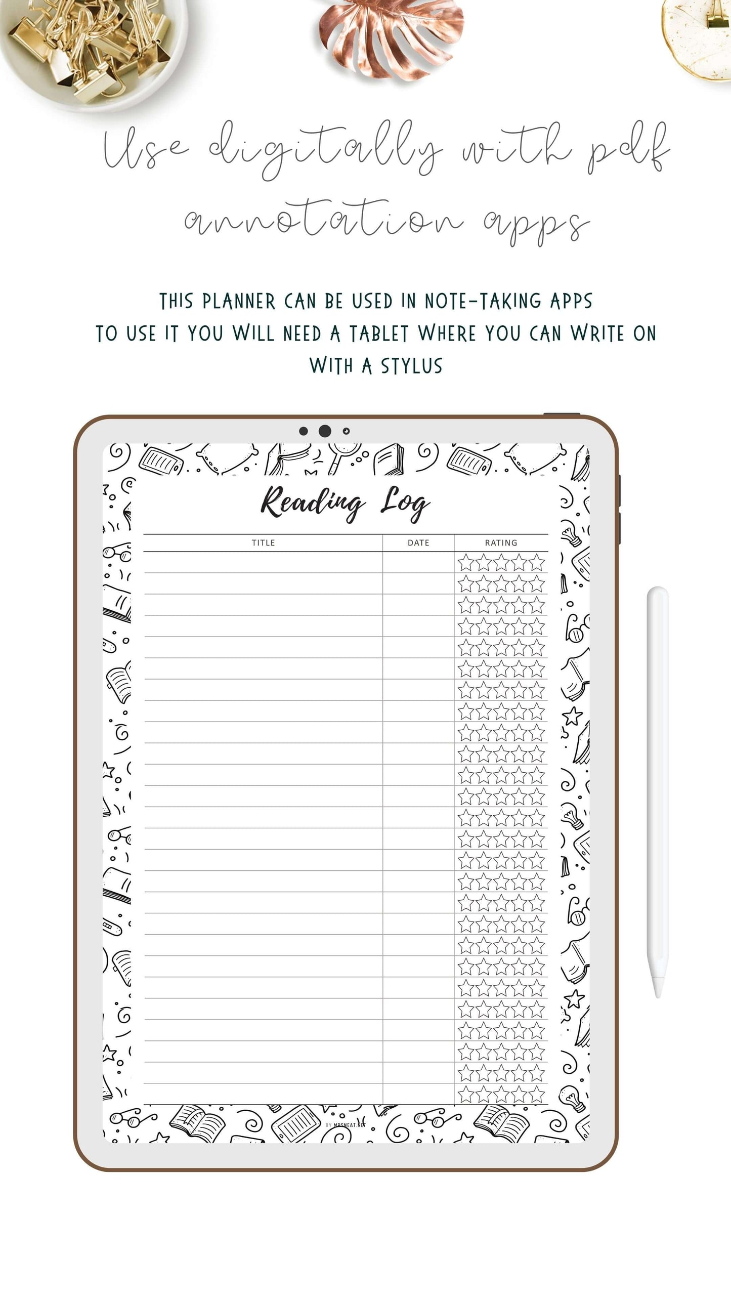 Reading Log Template Printable, 5 colors ; Peach, Green, Blue, Pink, Neutral, 4 sizes ; A4, A5, Letter, Half Letter, Digital Planner