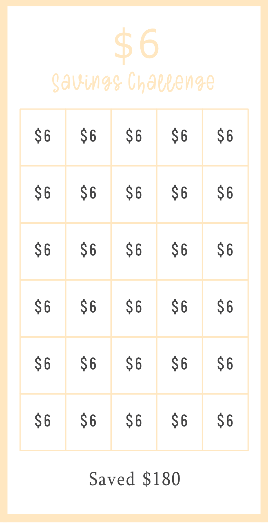 Yellow Savings challenge tracker with repeated $6 amounts and total savings of $180.