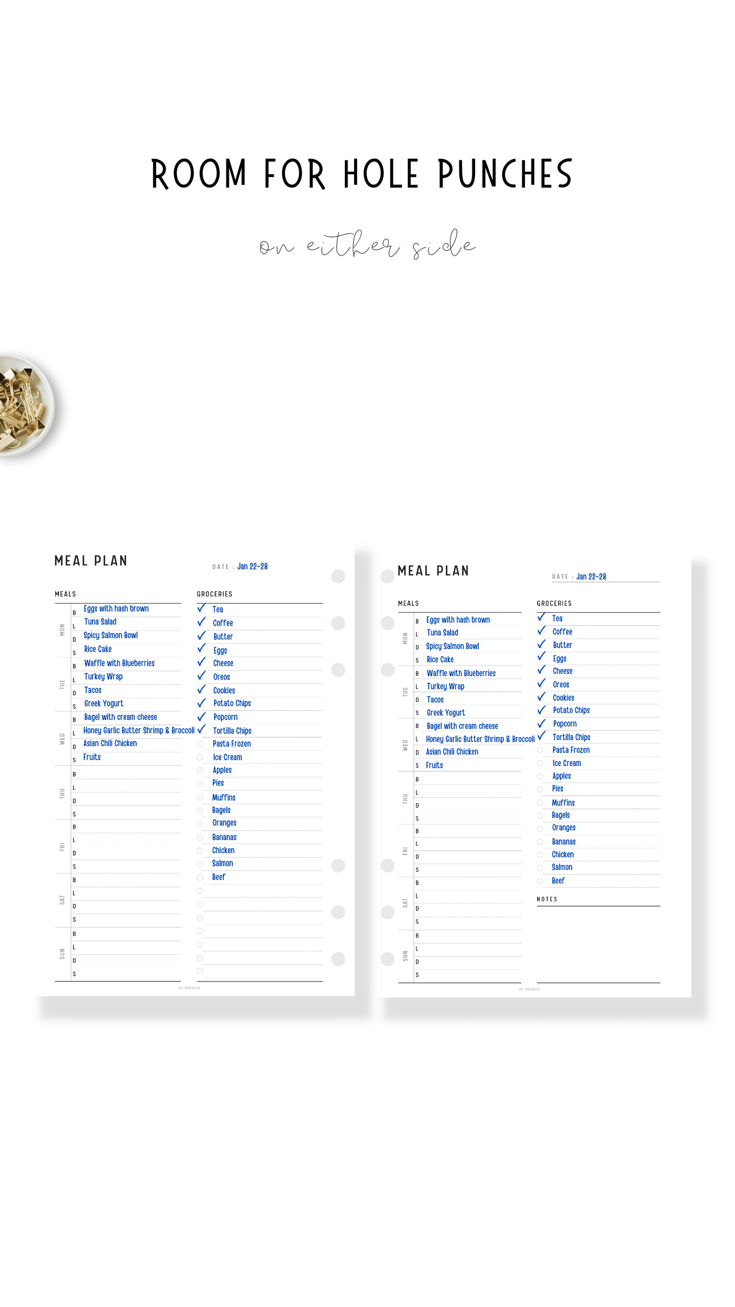 Weekly Meal Planner Printable PDF with hole punches