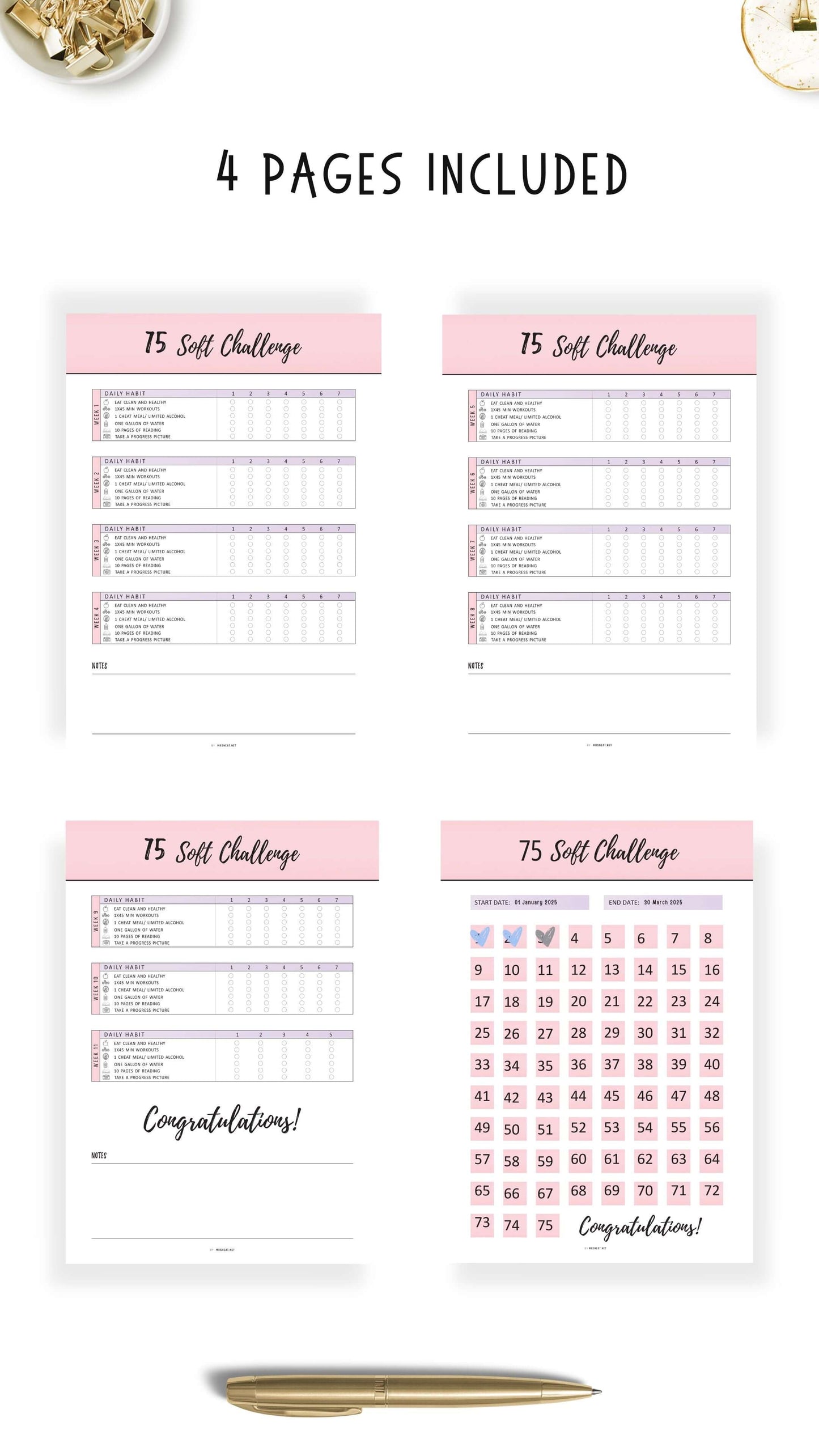 A4, A5, Letter, Half Letter 75 Soft Challenge Tracker Printable
