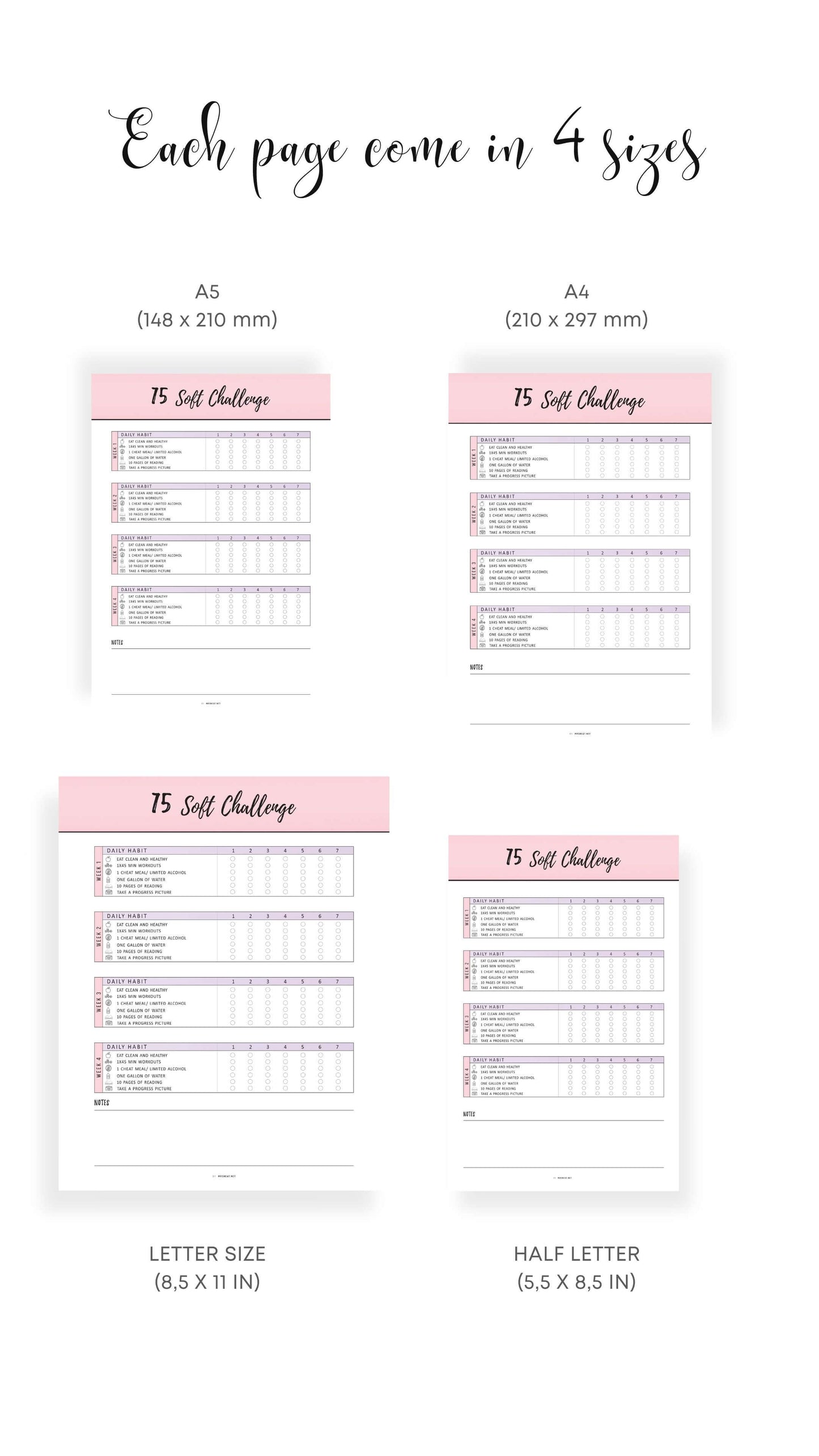 A4, A5, Letter, Half Letter 75 Soft Challenge Tracker Printable