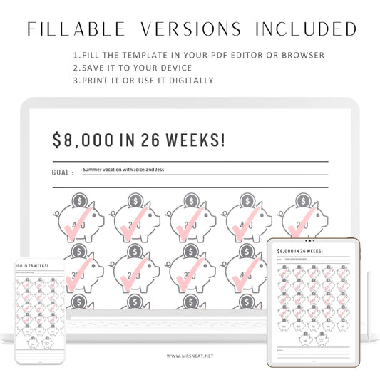 8000 Savings Challenge in 26 Weeks, Saving 8000 in 6 months for retirement, 26 weeks money savings challenge, 26 Weeks Savings Tracker, PDF