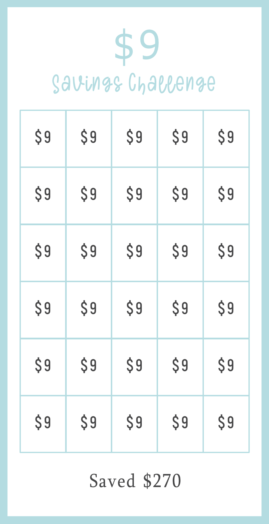Savings challenge tracker with repeated amount and total saved text on a light blue background