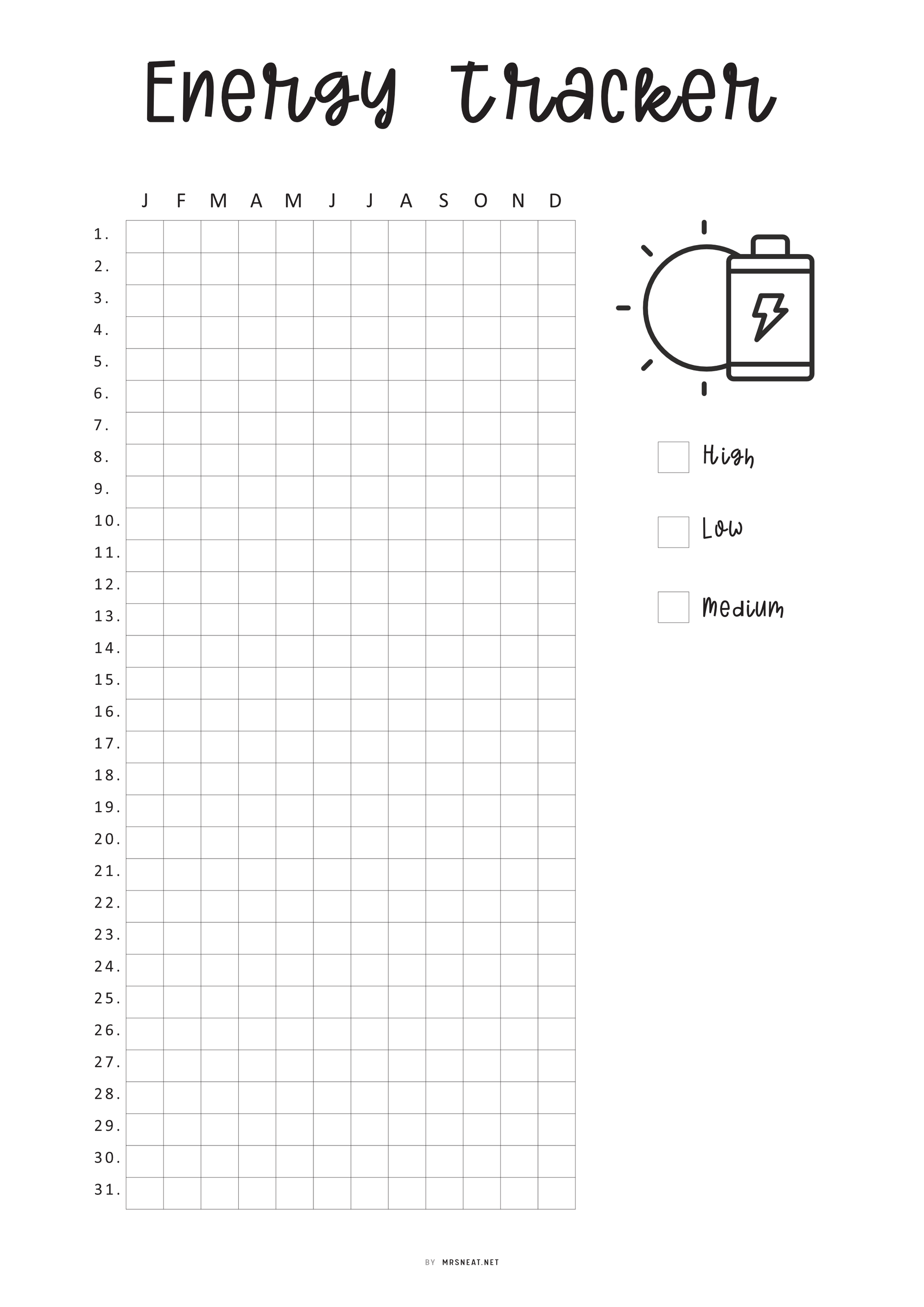 Yearly Energy Tracker Template, Energy Level Template PDF, Mood Tracker, Health Journal, Health Log, Health Tracker Template, A4, A5, Letter, Half Letter, PDF, 2 versions