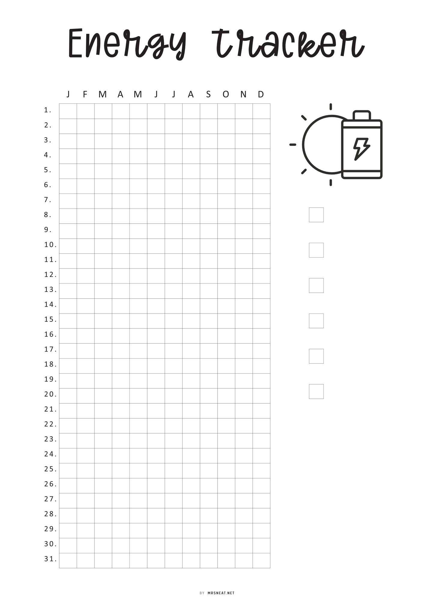 Yearly Energy Tracker Template, Energy Level Template PDF, Mood Tracker, Health Journal, Health Log, Health Tracker Template, A4, A5, Letter, Half Letter, PDF, 2 versions